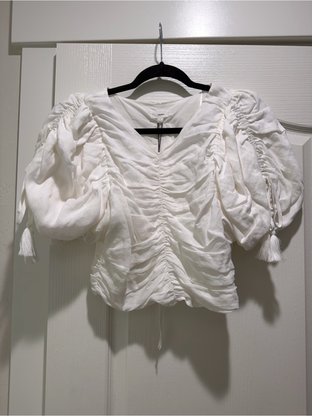 A Loves A Ruched V-Neck Puff Sleeve Blouse - White